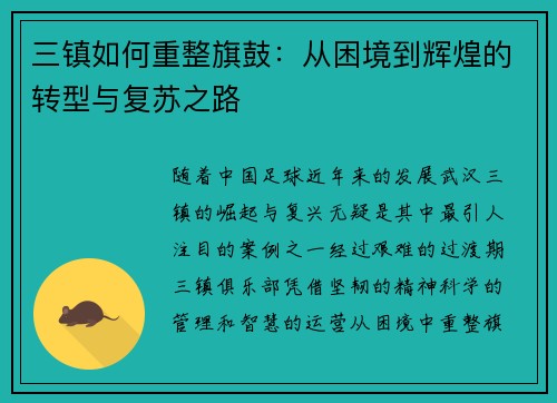 三镇如何重整旗鼓：从困境到辉煌的转型与复苏之路